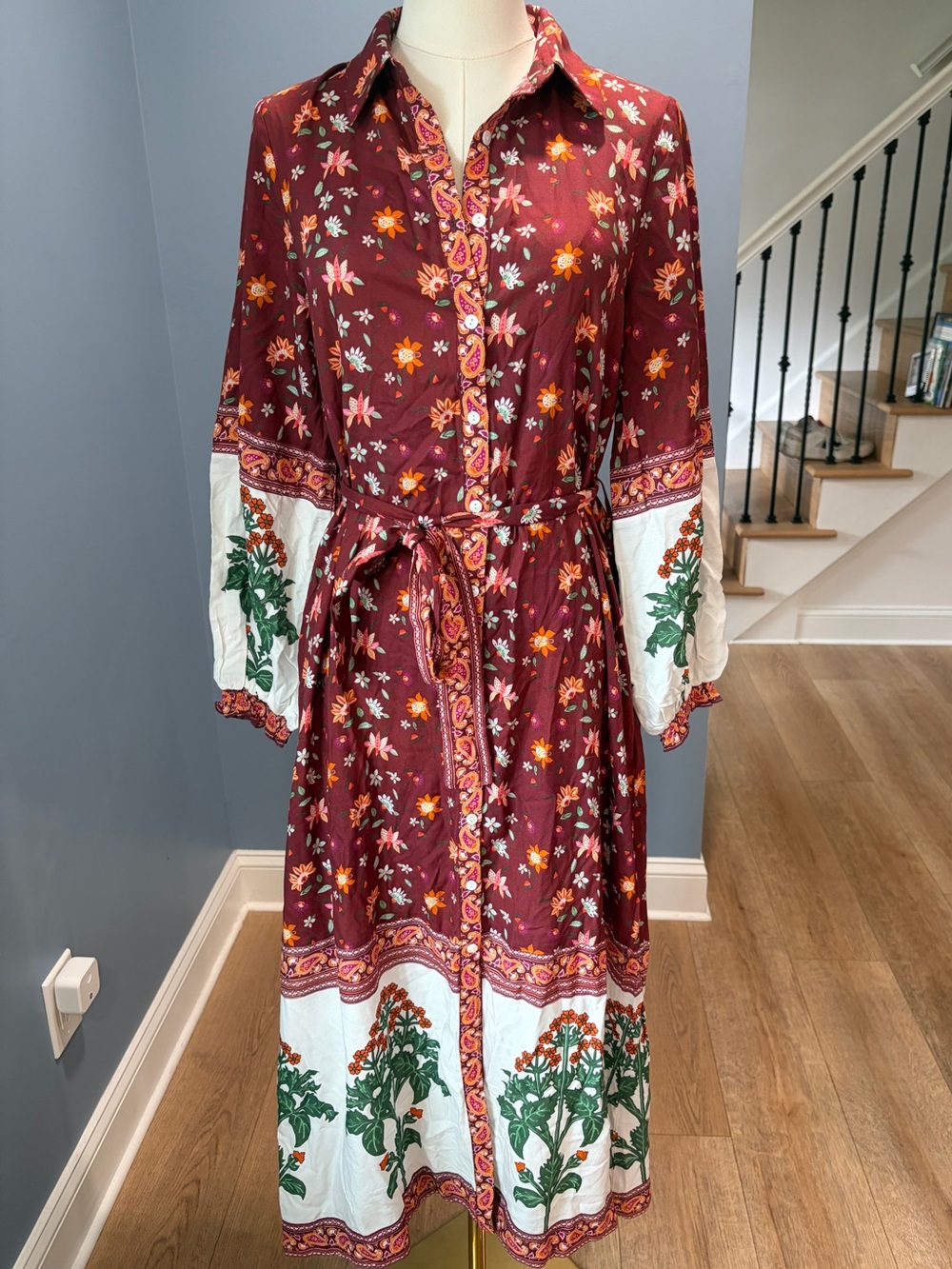 GarrieB Burgundy Floral Paisley Belted Midi Shirt Dress Boho Small NWT